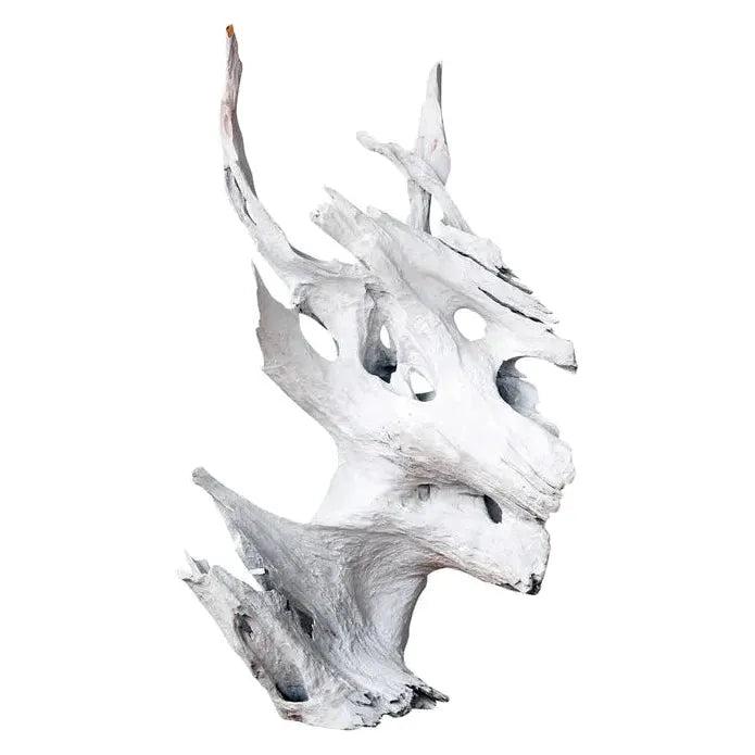 A sculptural piece crafted from a Teak Root Sculpture, showcasing intricate swirling patterns and natural holes. Its smooth texture and bone white finish ascend vertically with sharp, pointed tips, resembling abstract flames or a crown. This piece is ideal for adding elegance to garden or home settings against a plain white background.