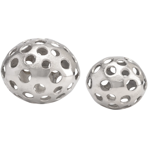 Two Sandcast Orbs in different sizes are showcased, both featuring a metallic design with numerous circular cut-outs. Each aluminum orb has a shiny silver finish. The larger orb is positioned on the left, and the smaller one on the right, forming an eye-catching decorative sculpture against a plain white background.