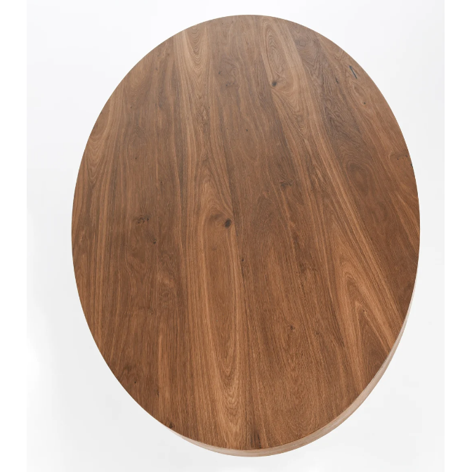 An Oval Dining Table with a smooth, polished surface and natural wood grain patterns in varying shades of brown. Measuring 80W × 46D × 30H, the wood boasts a rich texture with visible knots and streaks, adding to its rustic appearance. The background is a plain, white surface.
