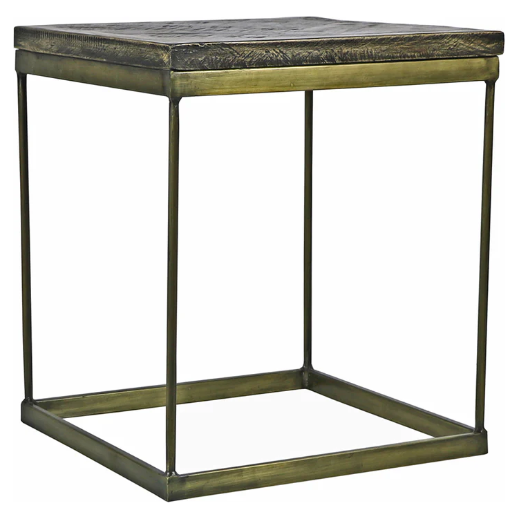 The Parquette Side Table features a thin, brass-colored metal square frame and a dark, wood-textured tabletop, blending rustic and refined styles for an elegant, versatile look.