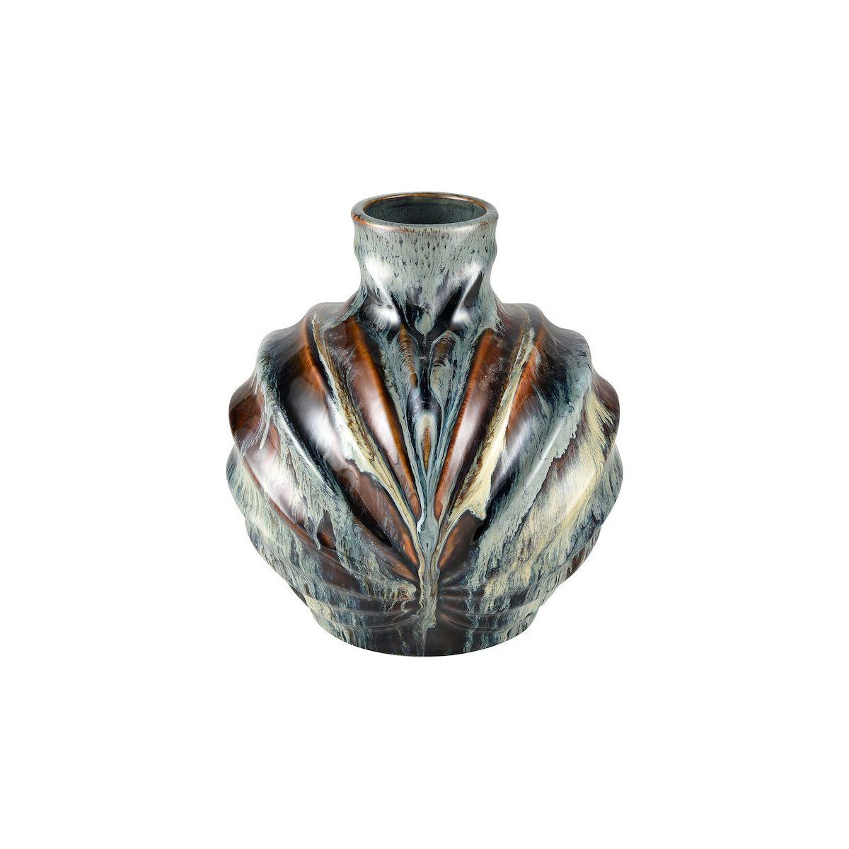 A round Earthenware Vase with a narrow neck, featuring vertical ridges and a textured, wavy surface. The Earthenware Vase has a distressed reactive glaze and glossy finish, transitioning from deep brown at the top to a mix of blue and beige hues toward the bottom, exuding rustic charm and an earthy appearance.