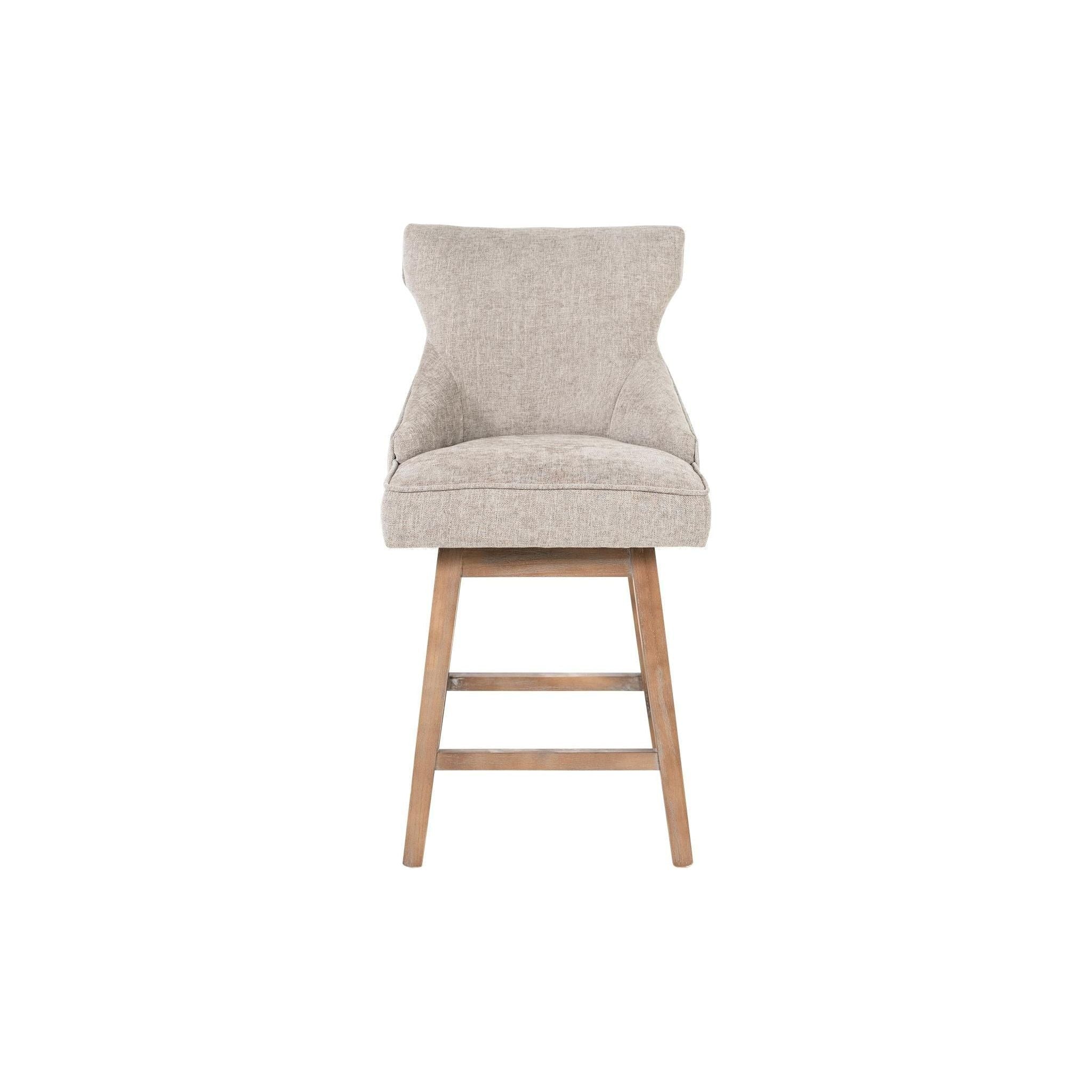 The Letty Swivel Counter Stool features a cushioned seat and backrest with modern gray polyblend upholstery. The backrest's mid-century modern design showcases slight curves. Positioned on a gray-washed oak base with wooden supports for stability, this stool exudes a minimalist and contemporary aesthetic.
