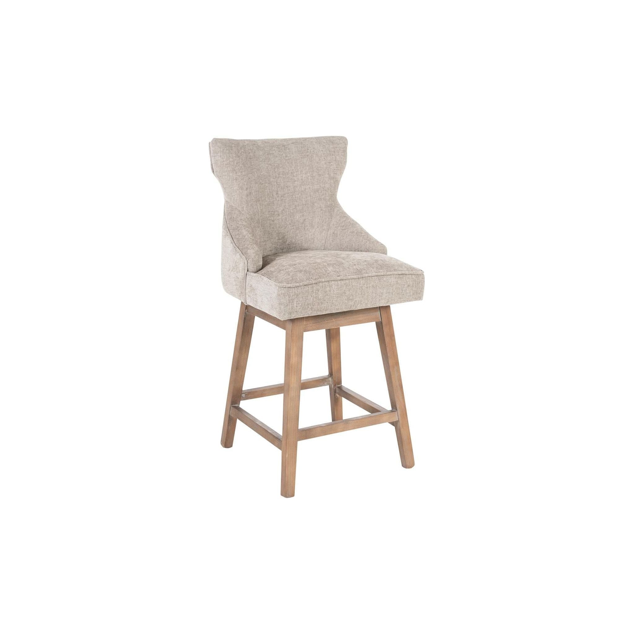 The Letty Swivel Counter Stool is a light brown upholstered bar stool with a cushioned seat and backrest. The design features a slightly curved backrest for added comfort. It has four wooden legs in a gray-washed oak base, connected by support bars that form a square frame near the base, echoing the charm of modern gray polyblend upholstery.