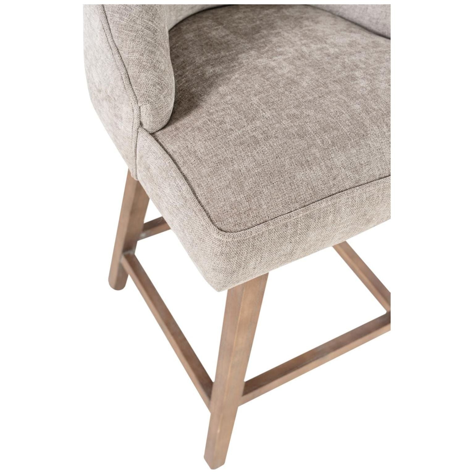 Close-up of a Letty Swivel Counter Stool featuring modern gray polyblend upholstery on the seat and backrest. The chair boasts slightly curved armrests and is supported by a gray-washed oak base with a crossbar for added stability. The design seamlessly combines comfort with contemporary style.