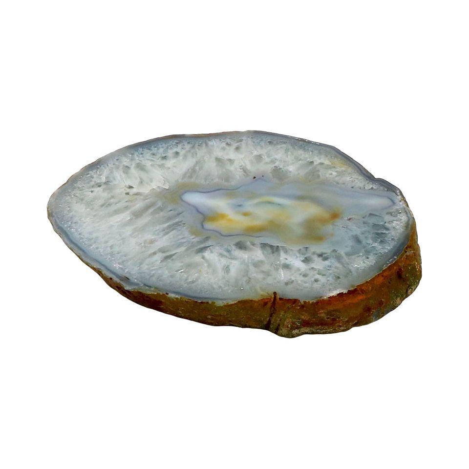 A Thick Agate Slab with a rough, brown outer edge and a smooth, gray-blue crystalline interior. The center features natural colors with white and pale yellow hues, showcasing the intricate patterns of the minerals. This stunning Brazilian agate is displayed against a white background.