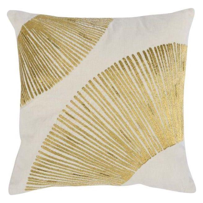 The Sunburst Gold Throw Pillow is a square 18" x 18" white pillow with two overlapping, semi-circular gold embroidered fan patterns and a luxury feather and down insert for comfort, bringing modern elegance to your decor.