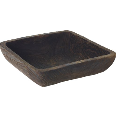 The Paulownia Display Tray is a square, dark wooden bowl featuring a smooth, polished surface and measures 15.25 inches. With slightly rounded edges and a shallow depth of 3.75 inches, the bowl showcases prominently visible wood grain that gives it a natural and rustic appearance.