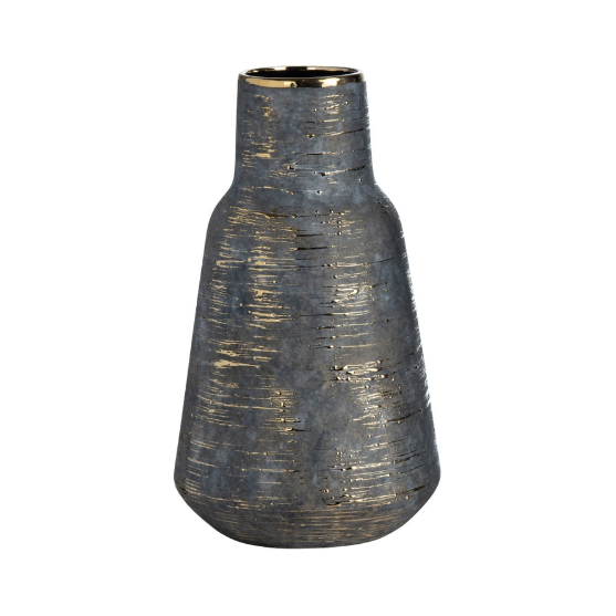 The Triad Vase is a tall, tapered ceramic piece with a matte dark gray finish, highlighted by irregular horizontal metallic gold streaks. It features a narrow neck and small opening, complemented by a slightly wider base for added style.