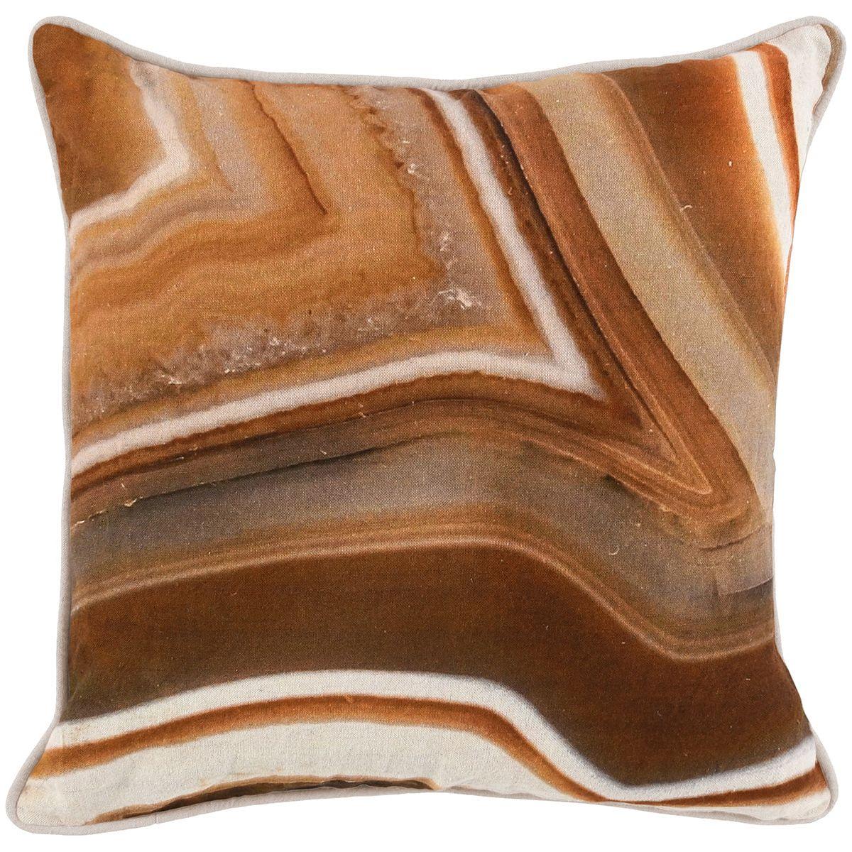 The Saltwater Blue Throw Pillow features a dynamic square design with swirling agate-inspired patterns in brown, beige, tan, and white on a crisp white background. Finished piped edges complete the stylish look.