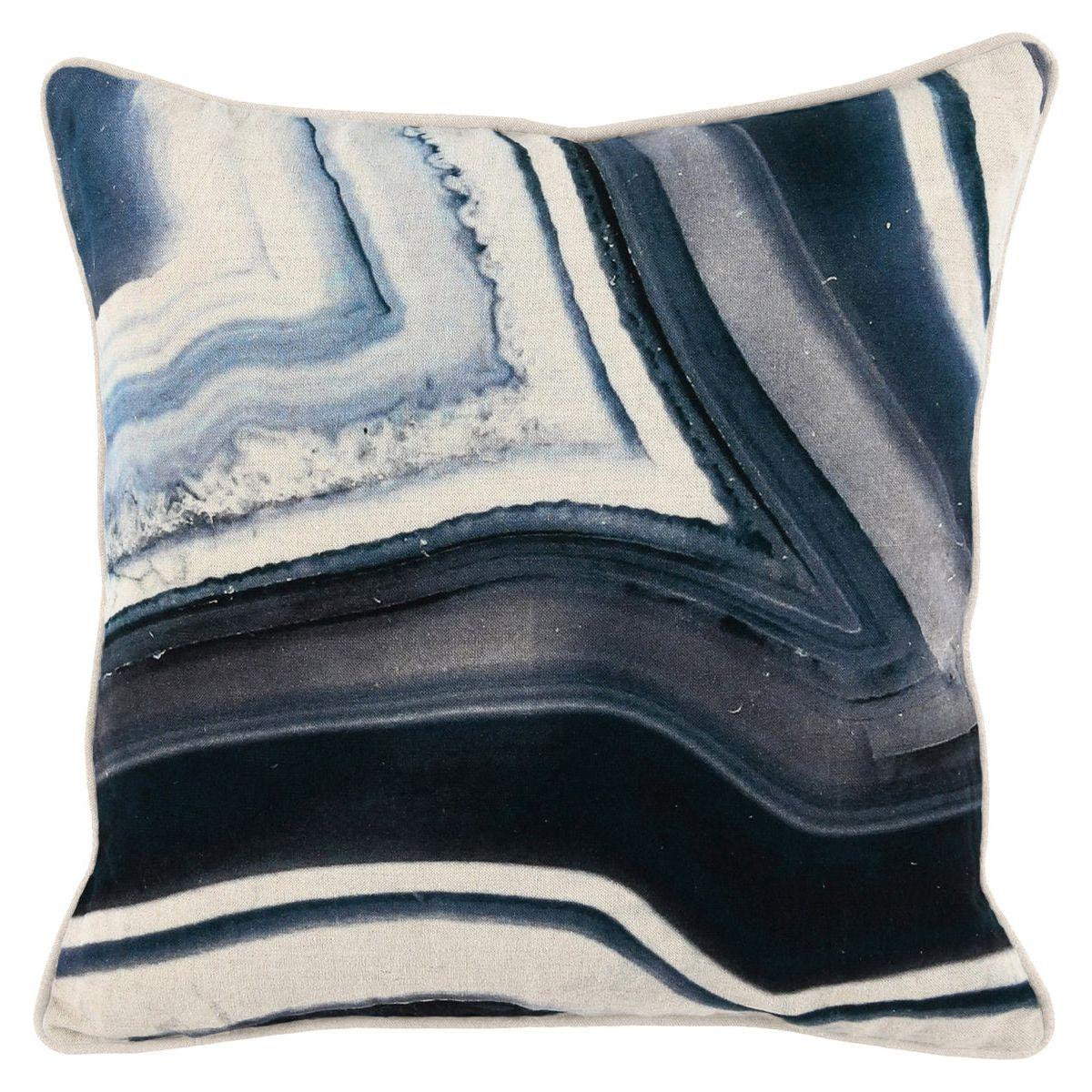The Saltwater Blue Throw Pillow is a square decorative pillow with an abstract marble-like design in black, white, gray, and navy blue. Its wavy lines evoke agate stone patterns, bringing a modern and textured touch to your space.