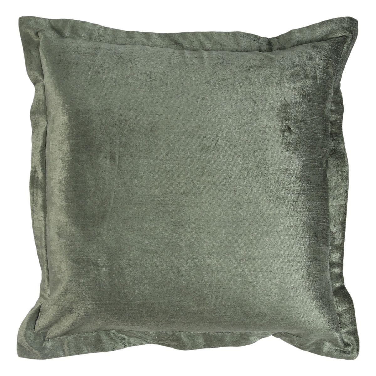 The Lapis Throw Pillow in sage green boasts a smooth and slightly shiny velvet texture. This luxurious pillow features a subtle sheen and soft edges, complemented by a gentle fold in one corner. The plush fabric offers an elegant yet cozy addition to home decor, ensuring both comfort and sophistication. Available in six colors, the Lapis Throw Pillow elevates any space with its opulent feel.