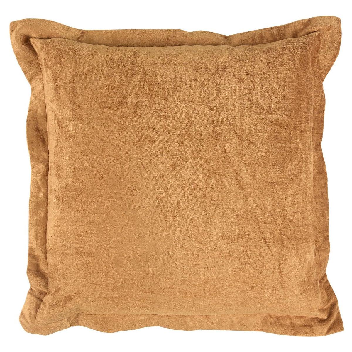 The Lapis Throw Pillow, available in a warm and cozy light brown shade, features a plush, velvety fabric with a soft texture and slightly wrinkled appearance. Each edge is adorned with a small flange that enhances its decorative appeal, while the uniform color contributes to its luxurious feel.