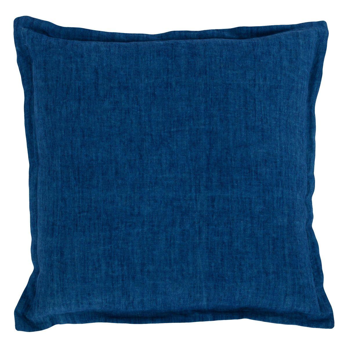 The Throw Pillow is a square cushion made from Belgian flax linen in deep blue, showcasing subtle variations that provide a distressed effect and an elegant look. Its fabric has a slight sheen, and the neatly sewn edges ensure a clean, sophisticated finish.
