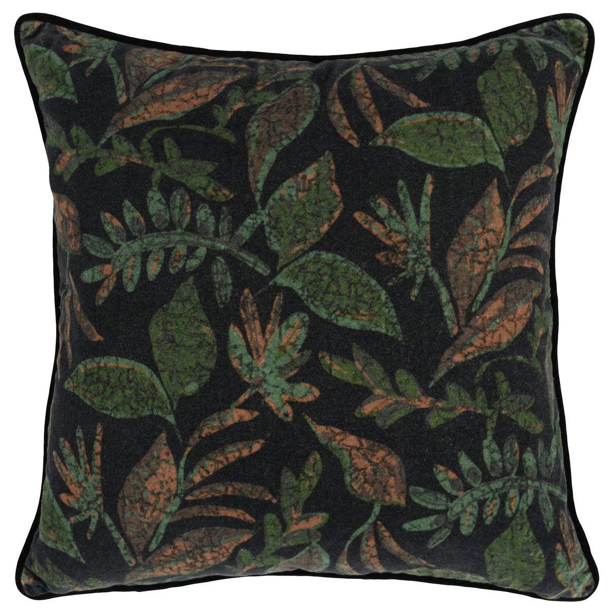 The Emerson Black/Multi Throw Pillow features a plush velvet square design with a bold botanical pattern of green and brown leaves on a black background, finished with piped edges for added style and comfort.