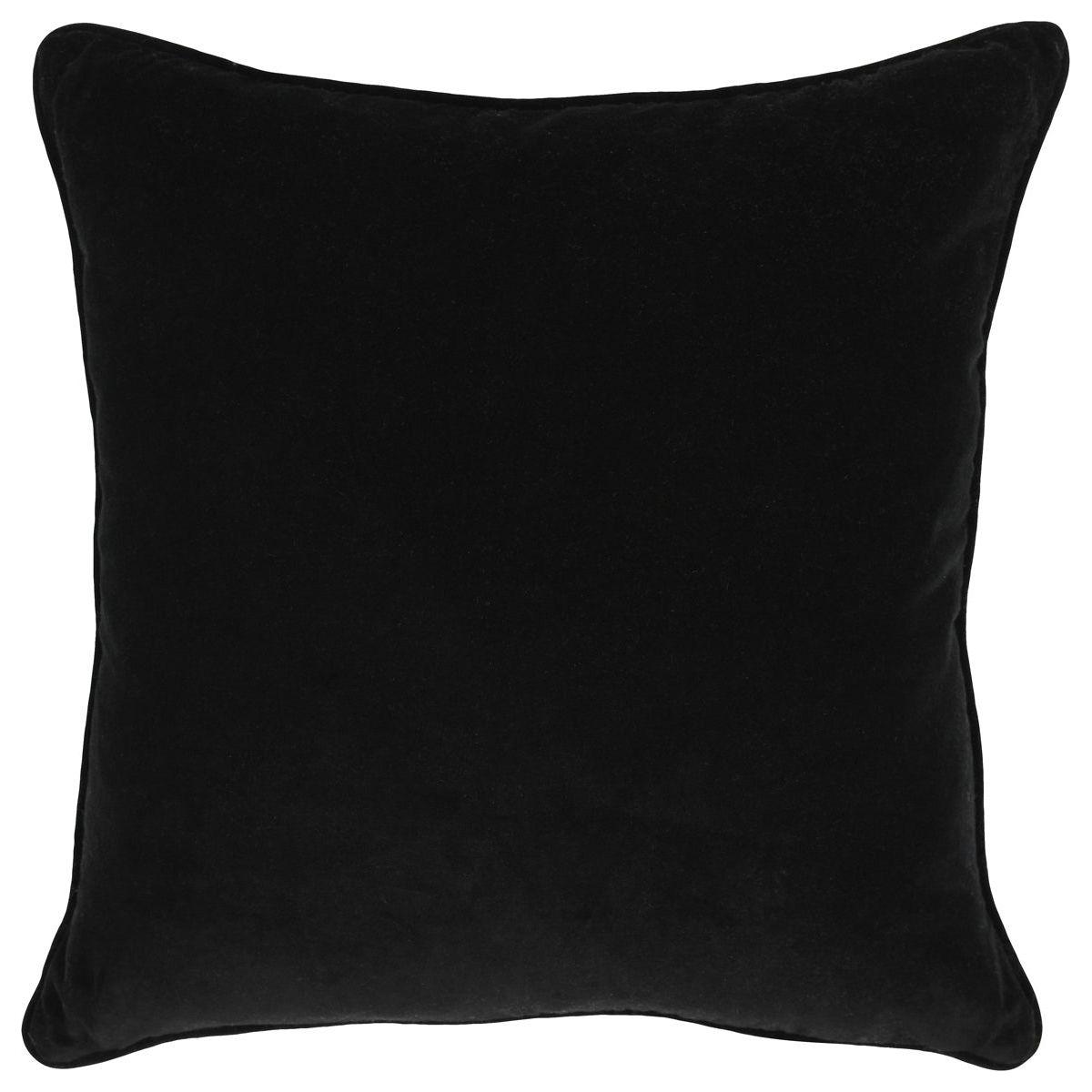 The Emerson Black/Multi Throw Pillow is a square, plush velvet pillow with rounded corners and a soft feather down insert, featuring smooth black fabric. Photographed on a white background to showcase its rich color.