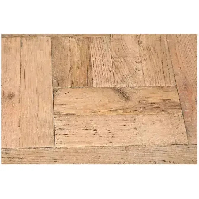 The Block Coffee Table, Natural, features a reclaimed oak surface with light brown tones. The visible wood grain, distinct knots, and slightly distressed texture give it a rustic charm. Its modern design is enhanced by the stylish parquet style alignment.