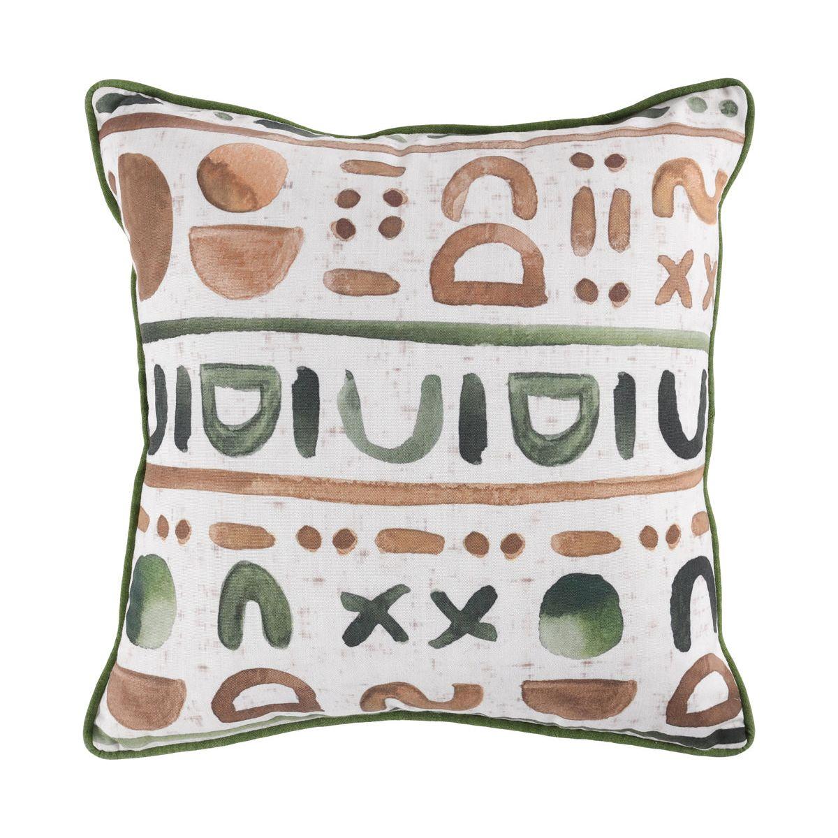 The Indoor/Outdoor Monterey Natural/Green Throw Pillow features a white background with abstract geometric patterns in earthy green, brown, and tan tones. Made with weather-resistant fabric and finished with green piping for a modern look.