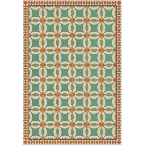 The Ariana Vinyl Rug is a rectangular rug with a vintage geometric pattern of interlocking green, cream, and orange circles and diamonds. Its center has repeating circle motifs with overlapping cream arcs and an orange diamond border on a cream background.